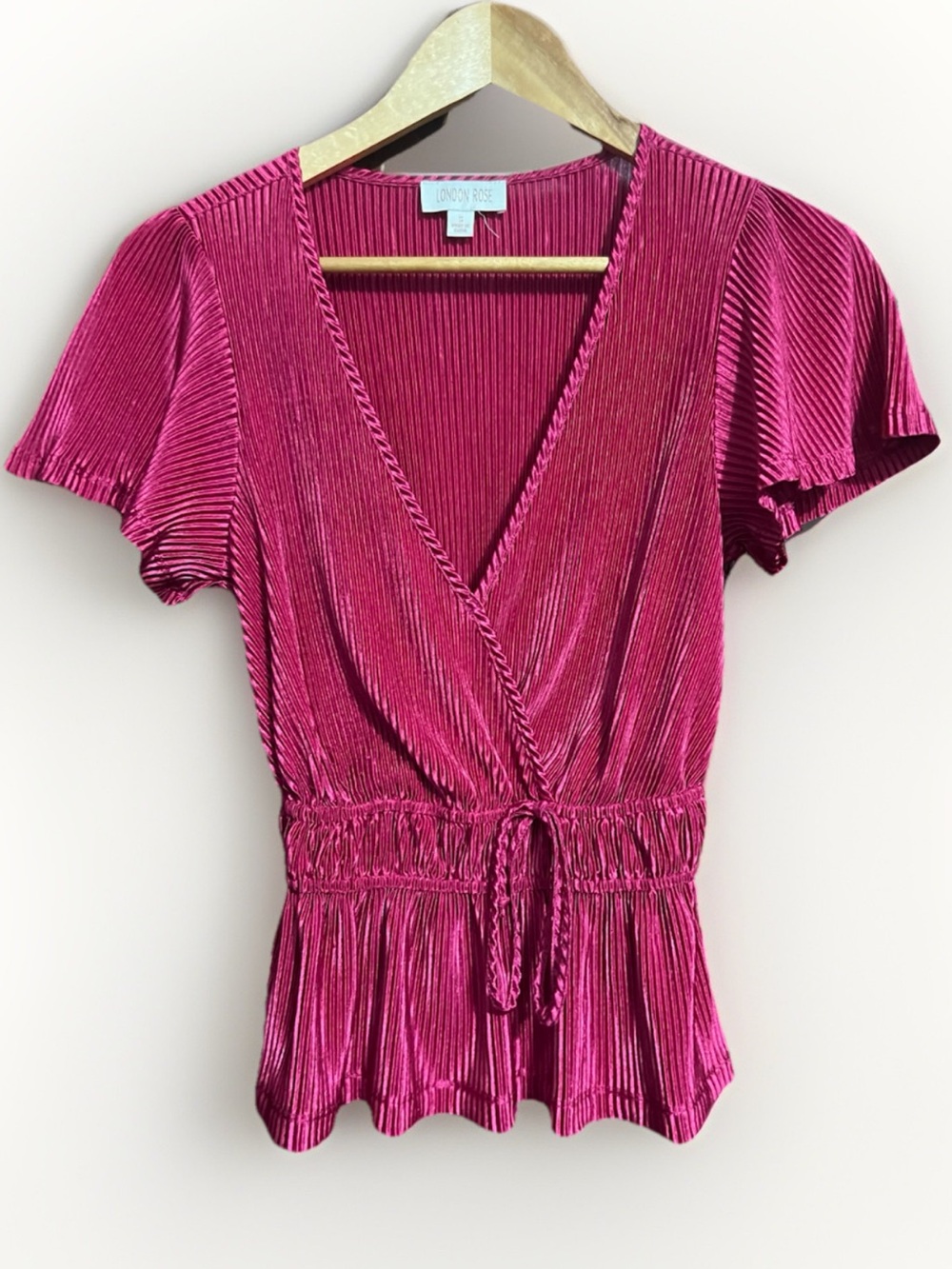 Shiny Metallic Bold Fuchsia Pleated Faux Wrap Short Flutter Sleeve Peplum Blouse
